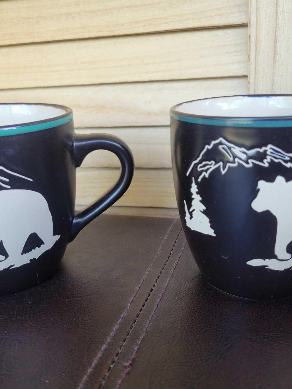2 Bass Pro Shops Bear Coffee Mug Cup Black White Green Rim 14 oz